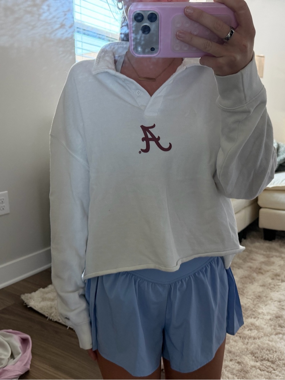 White Collared Cropped Sweatshirt with Maroon A Logo